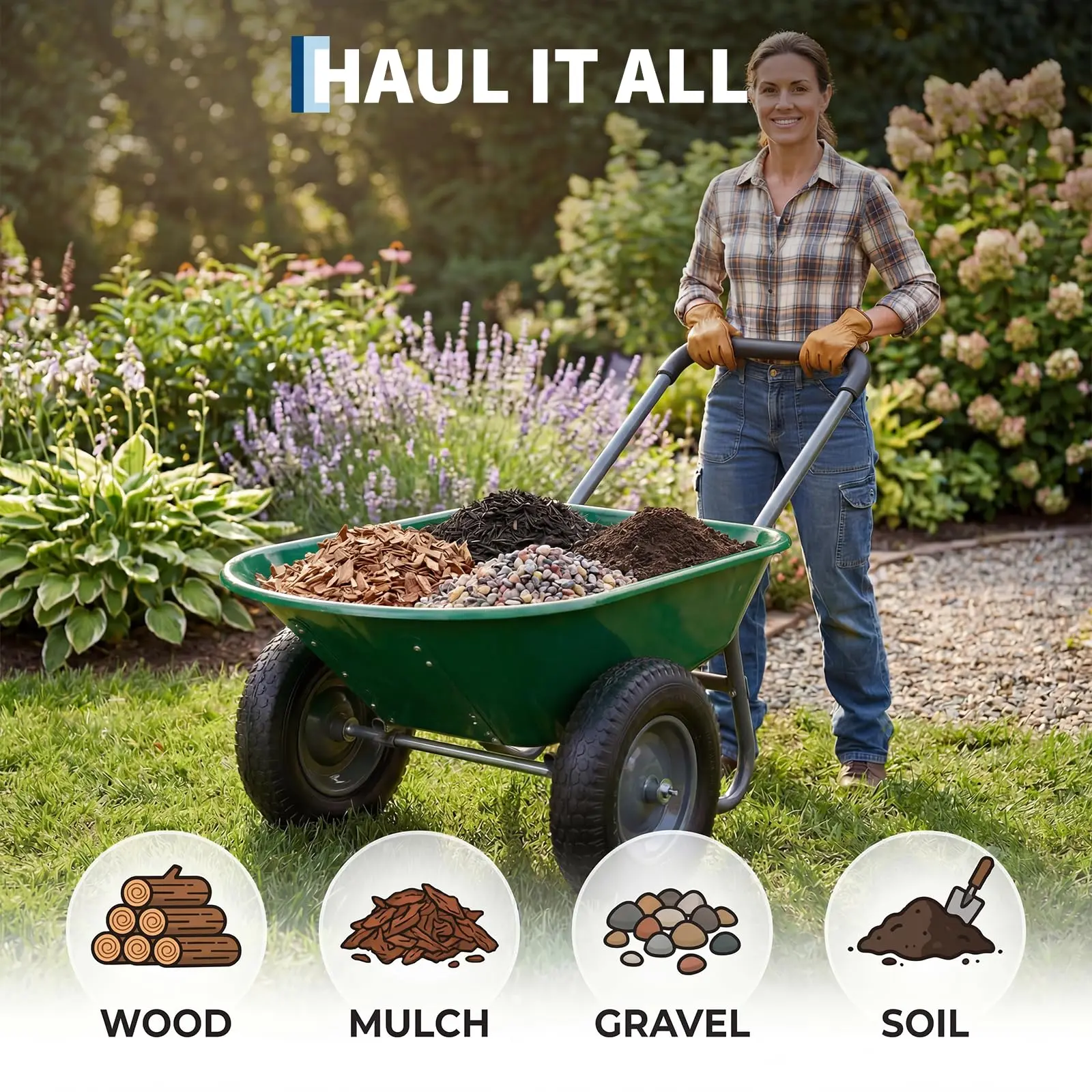 Dual-Wheel Wheelbarrow Garden Utility Cart With Dump Bed, 600 lb Capacity, 48.8 x 26 in Poly Tray, Steel Frame For Yard Lawn Farm Beach