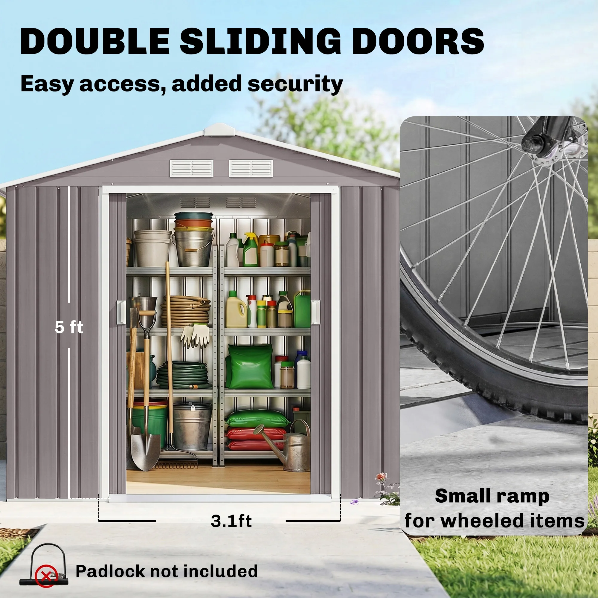7' X 4' Outdoor Steel Tool Garden Shed Organizer W/ 2 Sliding Doors