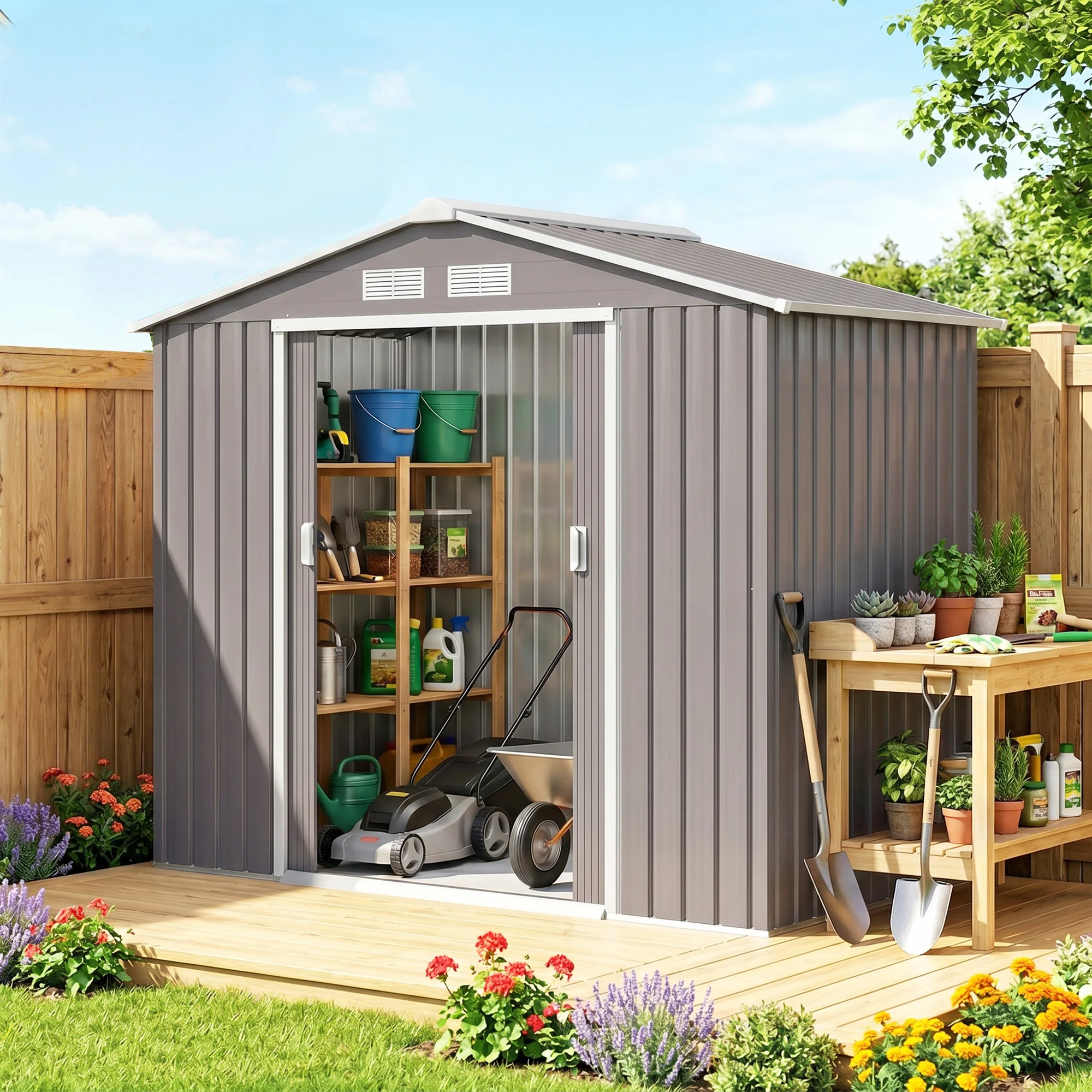 7' X 4' Outdoor Steel Tool Garden Shed Organizer W/ 2 Sliding Doors