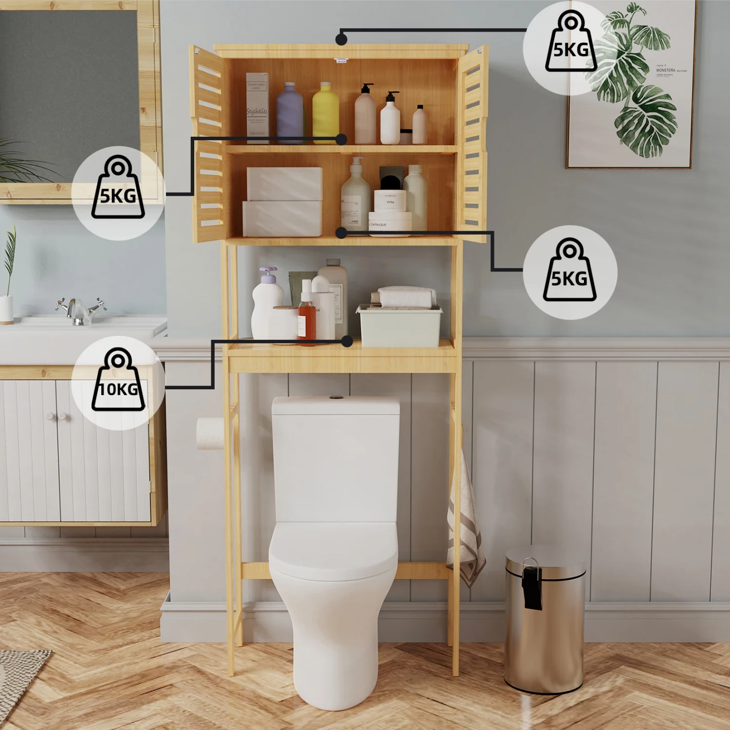 Natural Bamboo Over The Toilet Storage Rack 3-Tier Shelves Storage Shelf Cabinet Bathroom Organizer Space Saver