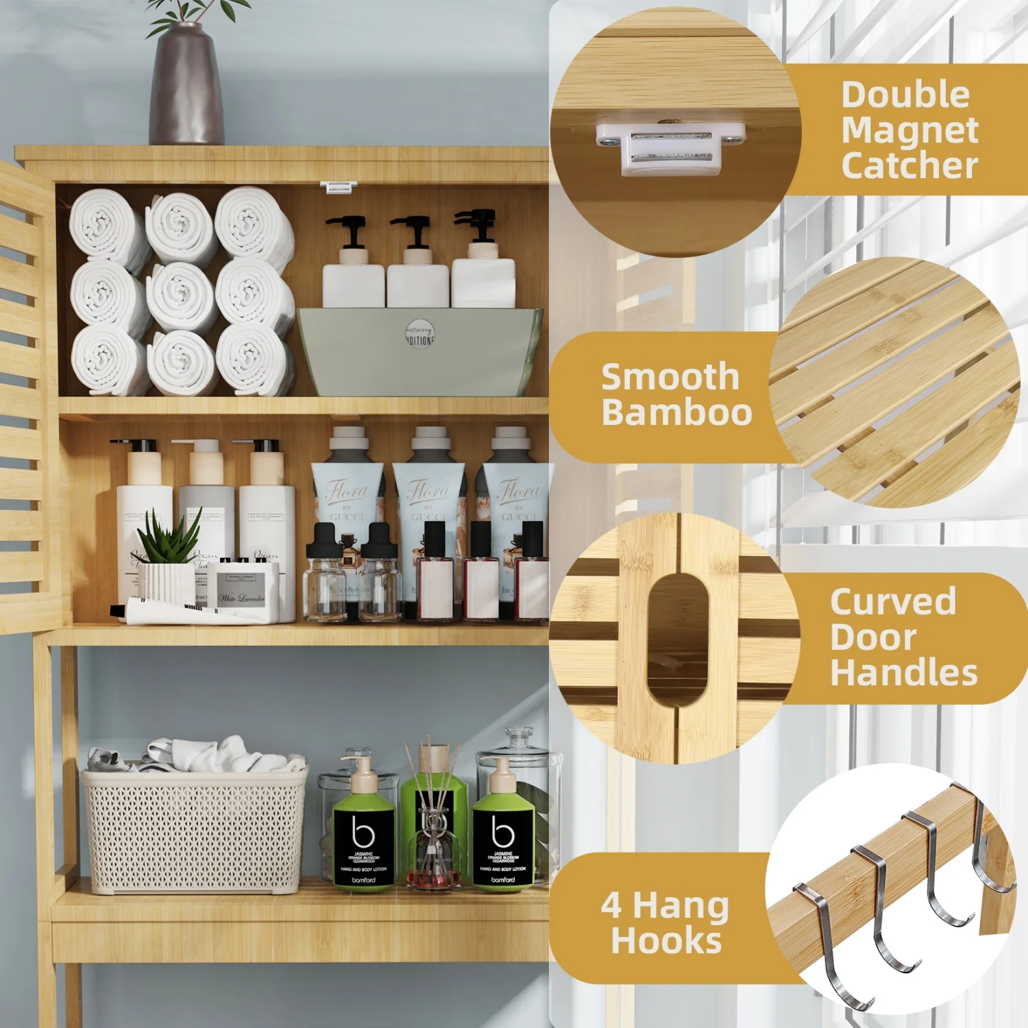 Natural Bamboo Over The Toilet Storage Rack 3-Tier Shelves Storage Shelf Cabinet Bathroom Organizer Space Saver