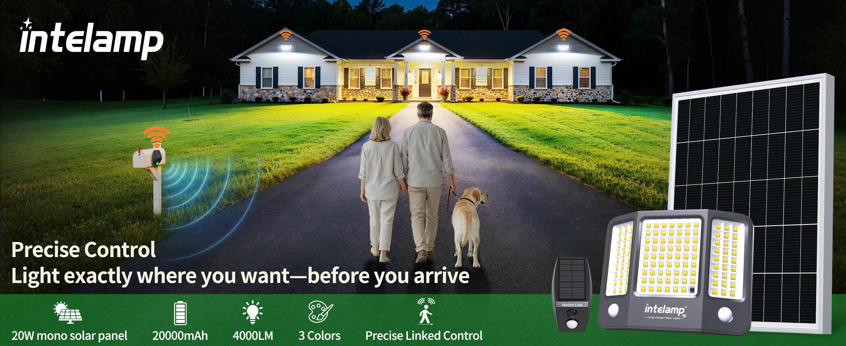 Intelamp Top Brand Long Battery Life 20000mAh Outdoor Solar Flood Lights 3 Colors With Super Large Solar Panel 3 Motion Sensors 4 Modes Solar Security Light For Yard Garage Driveway Backyard Farm