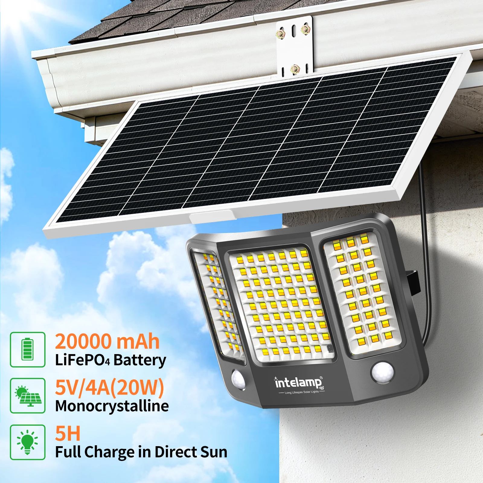 Intelamp Top Brand Long Battery Life 20000mAh Outdoor Solar Flood Lights 3 Colors With Super Large Solar Panel 3 Motion Sensors 4 Modes Solar Security Light For Yard Garage Driveway Backyard Farm