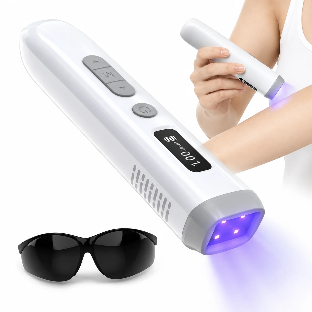 308nm UVB Light Therapy Device Handheld Narrowband Phototherapy Lamp with Adjustable Dose Digital Display 15x15mm Targeted Care Area Rechargeable Portable Home Use for Hands Arms Legs Neck Body Skin Care Includes Protective Glasses