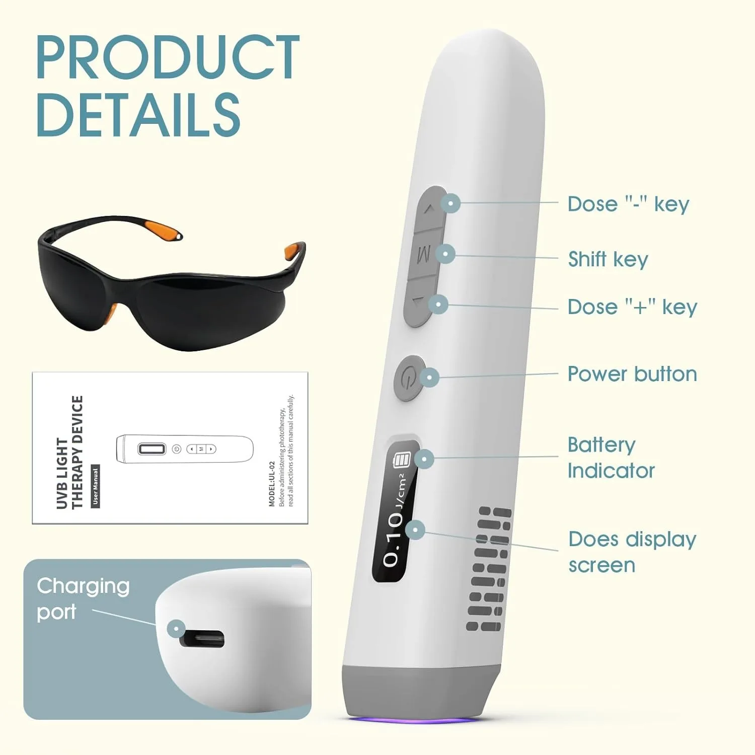 308nm UVB Light Therapy Device Handheld Narrowband Phototherapy Lamp with Adjustable Dose Digital Display 15x15mm Targeted Care Area Rechargeable Portable Home Use for Hands Arms Legs Neck Body Skin Care Includes Protective Glasses
