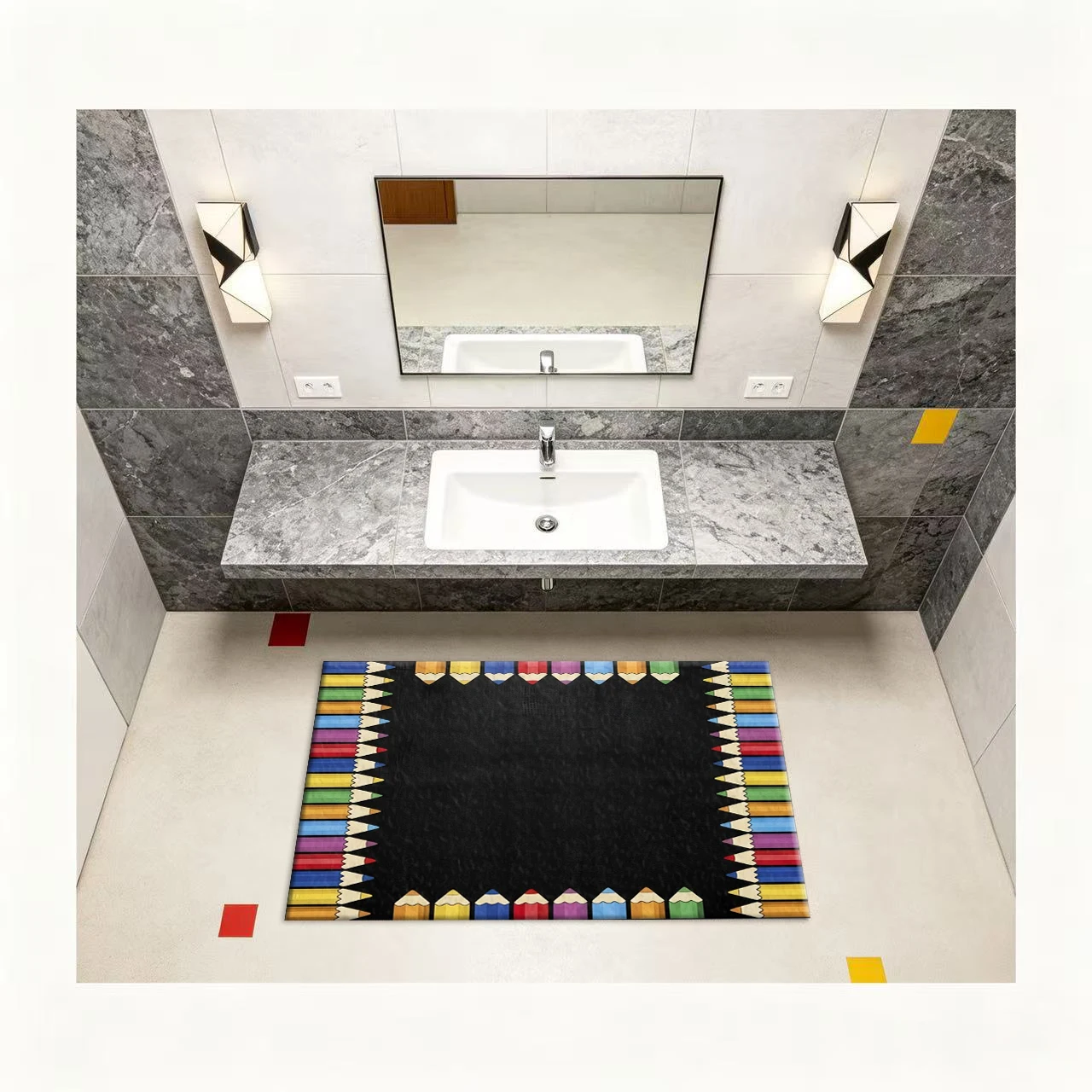 Colorful Crayon Pencil Border Black Background Carpet Non-Slip Kids Rug Suitable for Classroom Playroom Home Decor