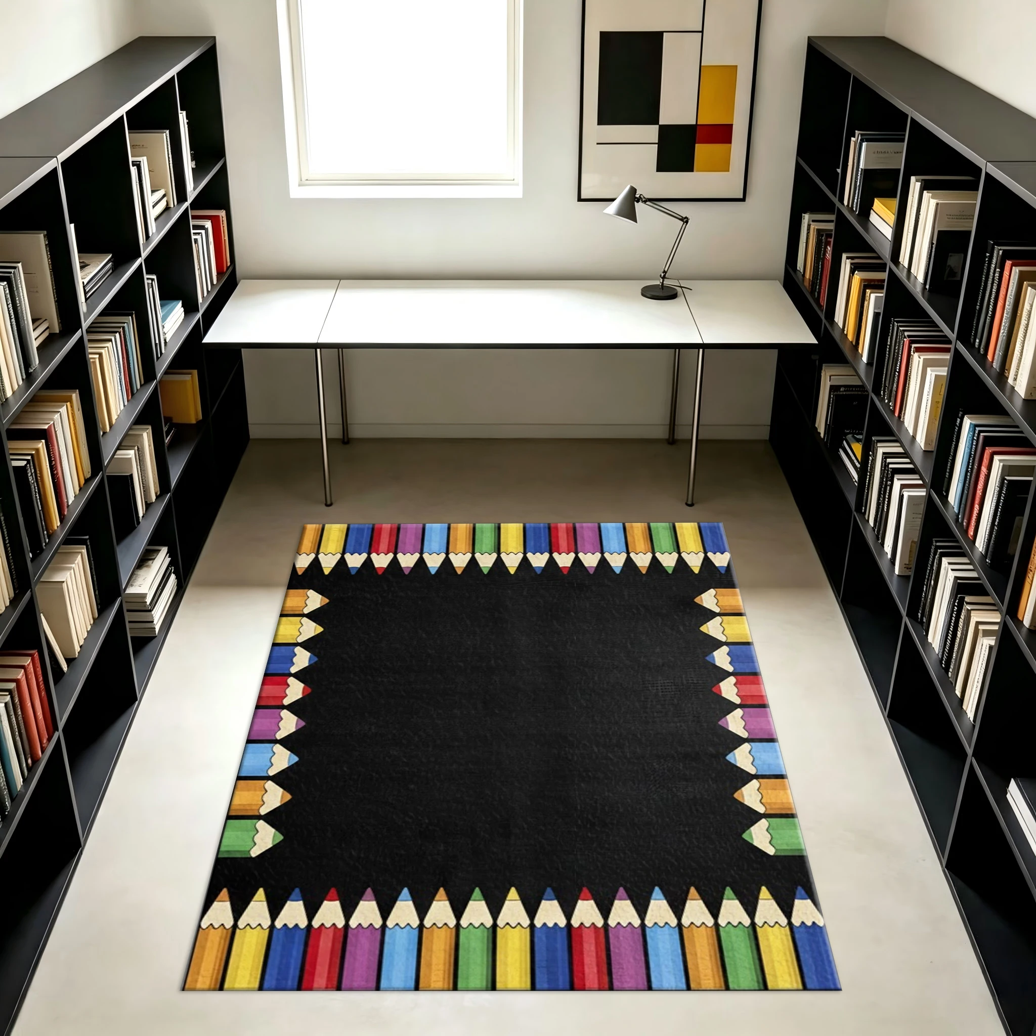 Colorful Crayon Pencil Border Black Background Carpet Non-Slip Kids Rug Suitable for Classroom Playroom Home Decor
