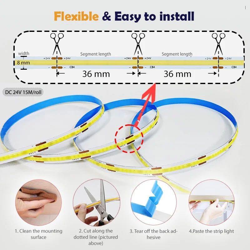 ETL Listed 24V DC 50ft/15m COB LED Strip Lights 3000K/4000K/6500K Dimmable with RF Remote Control for Bedroom Cabinet Kitchen Living Room(Power Supply Included)