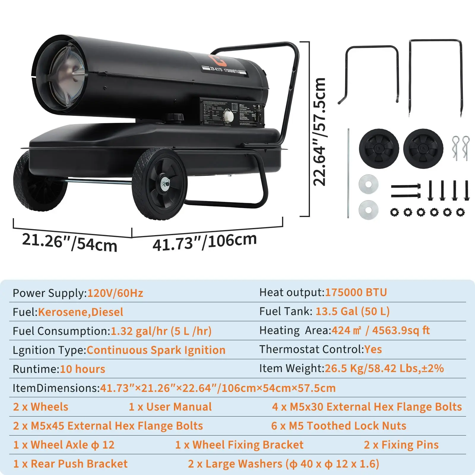 175000 BTU Diesel Forced Air Heater With Thermostat, 13.5 Gal Portable Fan Heater For Warehouse Garage Barn Construction