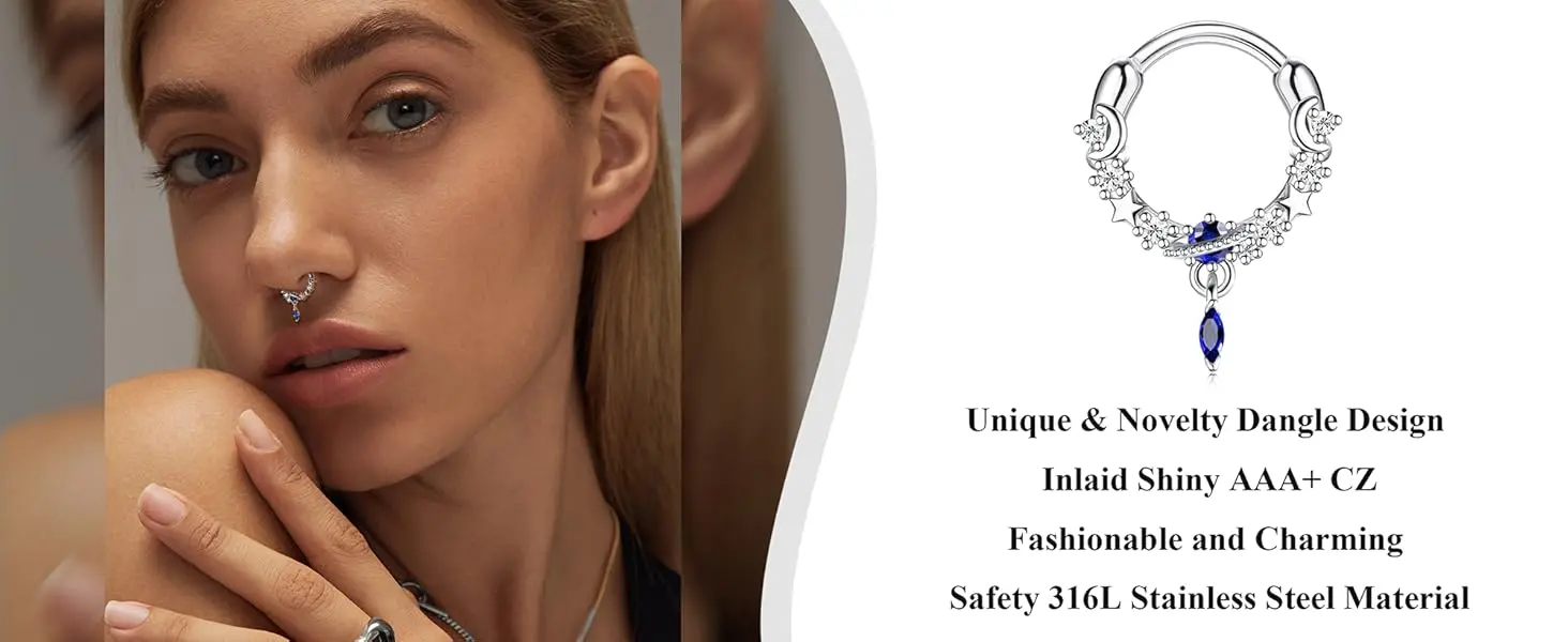 11PCS 16G Septum Rings Hypoallergenic Black /Silver/Gold Plated Clicker Septum Jewelry Cute Moon Snake Butterfly Bat Septum Rings Nose Daith Piercing Jewelry for Women Men
