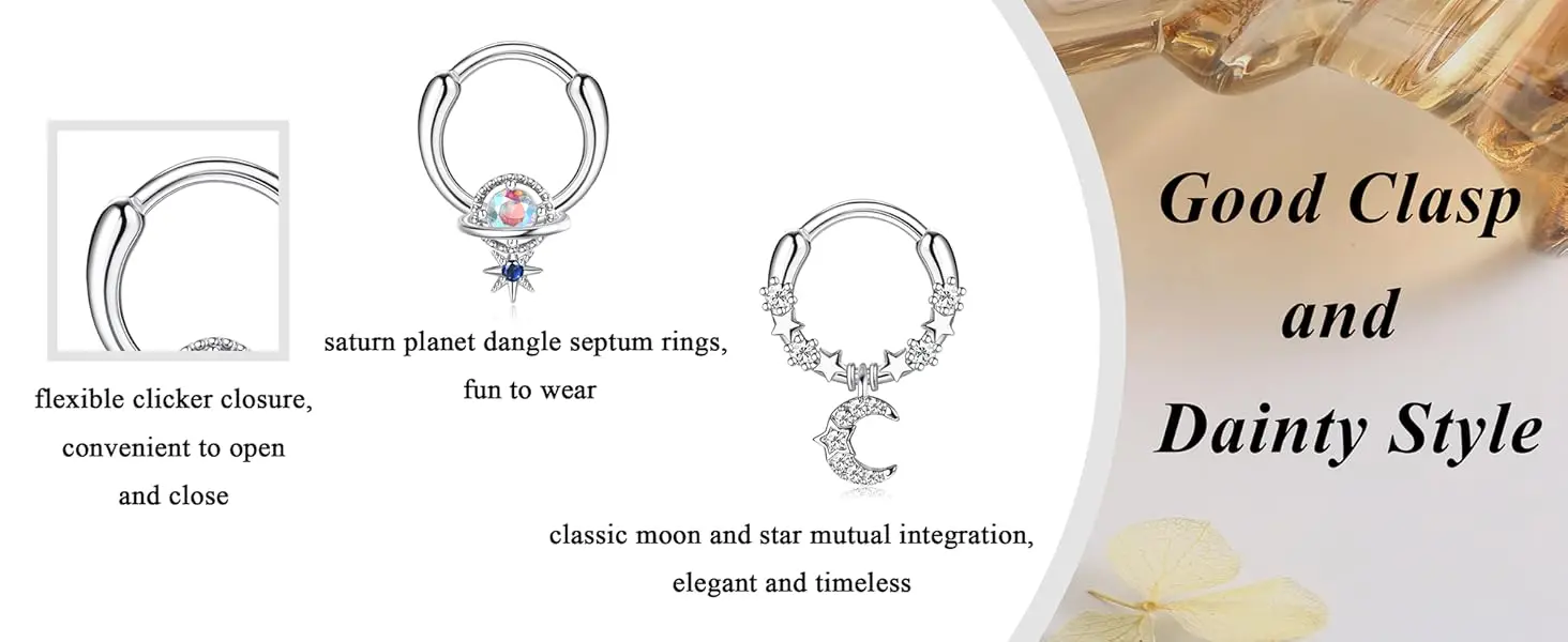 11PCS 16G Septum Rings Hypoallergenic Black /Silver/Gold Plated Clicker Septum Jewelry Cute Moon Snake Butterfly Bat Septum Rings Nose Daith Piercing Jewelry for Women Men