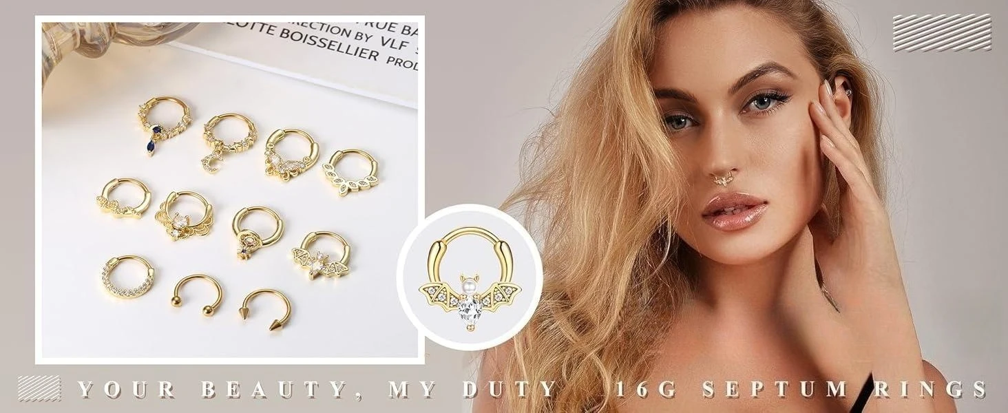 11PCS 16G Septum Rings Hypoallergenic Black /Silver/Gold Plated Clicker Septum Jewelry Cute Moon Snake Butterfly Bat Septum Rings Nose Daith Piercing Jewelry for Women Men