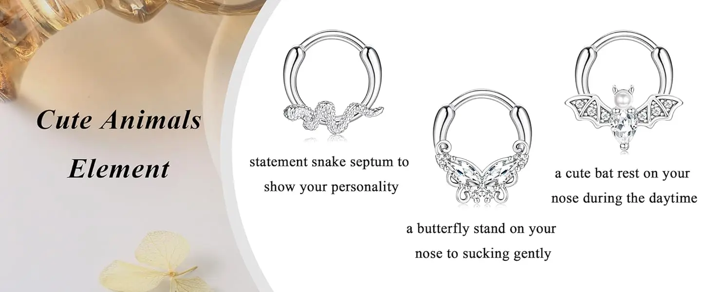 11PCS 16G Septum Rings Hypoallergenic Black /Silver/Gold Plated Clicker Septum Jewelry Cute Moon Snake Butterfly Bat Septum Rings Nose Daith Piercing Jewelry for Women Men