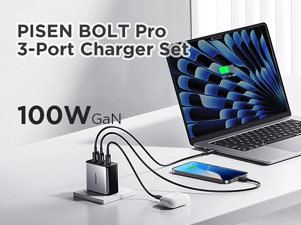 PISEN 100W GaN Charger 3-Port With 1.8m USB C to C Cable PD3.0 Quick Charger For Notebook Laptops MacBook IPhone Samsung Xiaomi
