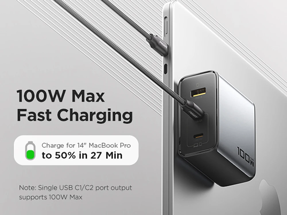 PISEN 100W GaN Charger 3-Port With 1.8m USB C to C Cable PD3.0 Quick Charger For Notebook Laptops MacBook IPhone Samsung Xiaomi