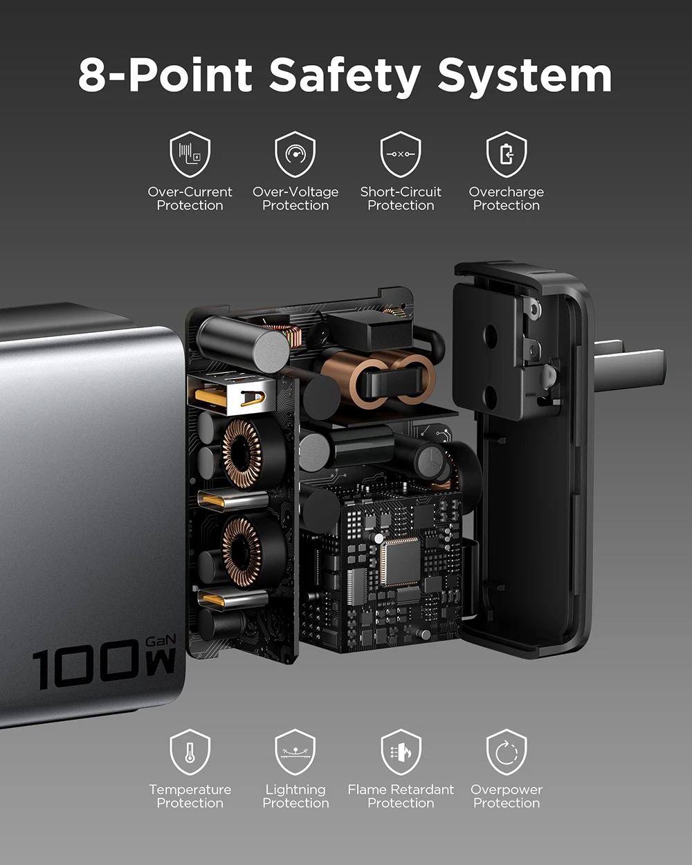 PISEN 100W GaN Charger 3-Port With 1.8m USB C to C Cable PD3.0 Quick Charger For Notebook Laptops MacBook IPhone Samsung Xiaomi