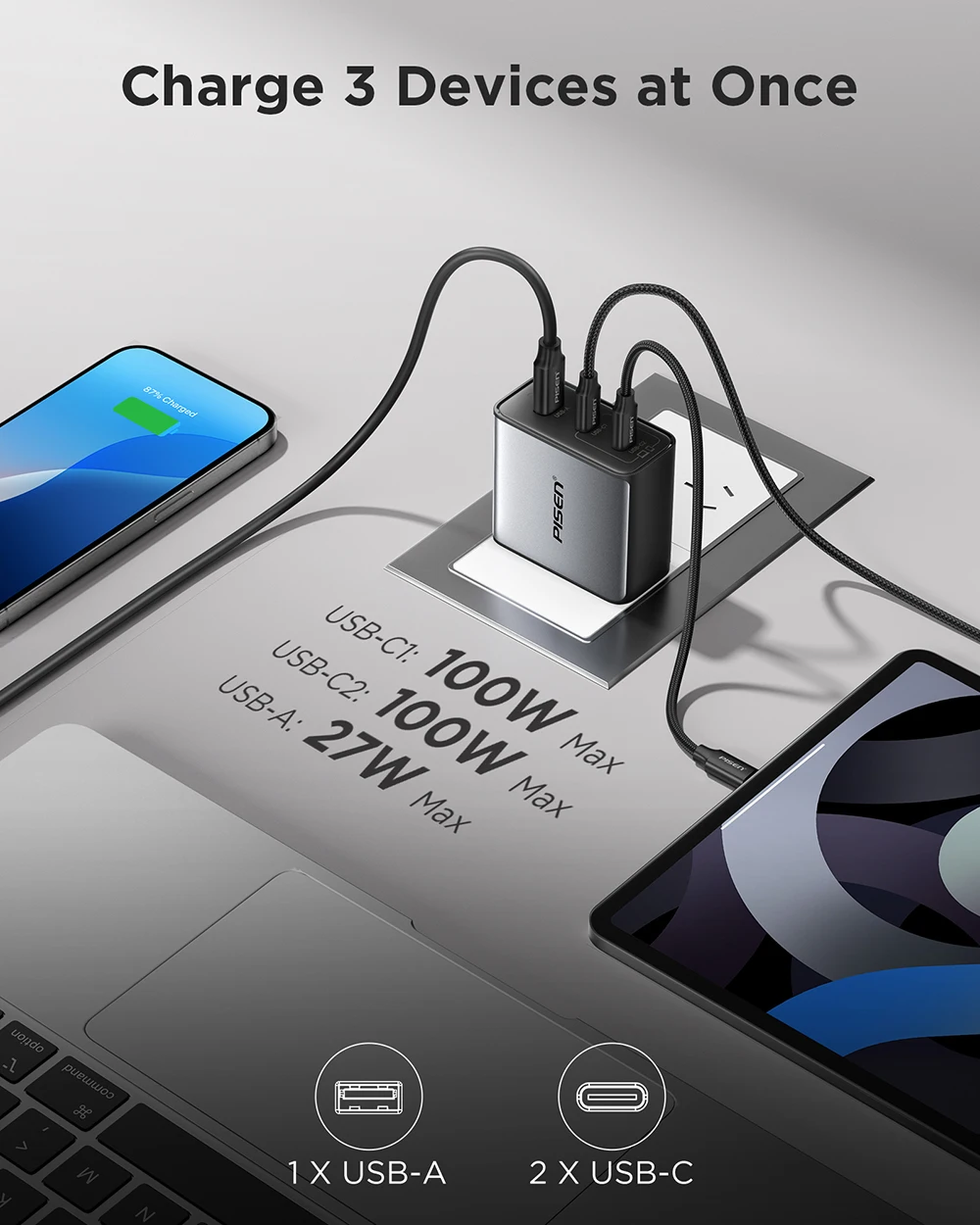 PISEN 100W GaN Charger 3-Port With 1.8m USB C to C Cable PD3.0 Quick Charger For Notebook Laptops MacBook IPhone Samsung Xiaomi