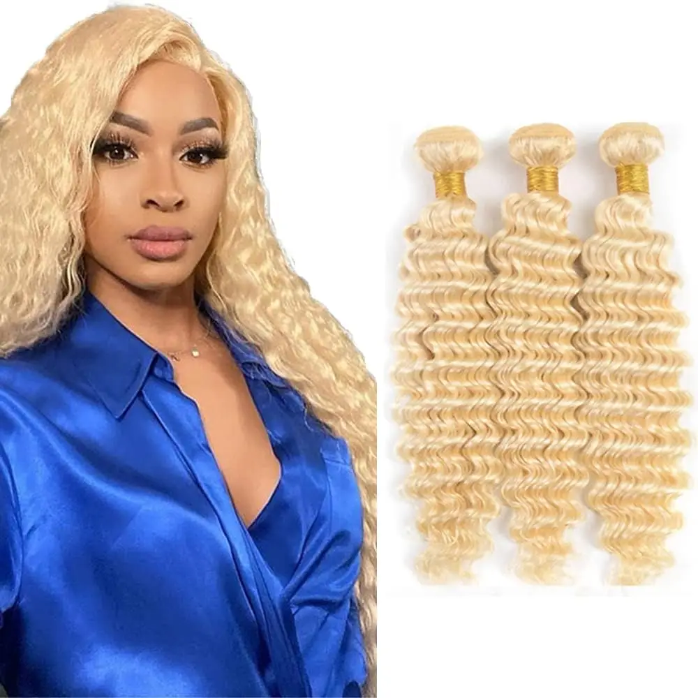 613 Deep Wave Human Hair Bundles Brazilian Raw Hair Bundles 1/3/4 PCS Soft Weave Hair Blonde Bundles 100% Human Hair Extensions For Black Women