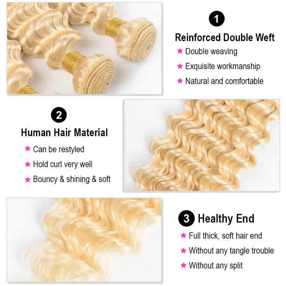 613 Deep Wave Human Hair Bundles Brazilian Raw Hair Bundles 1/3/4 PCS Soft Weave Hair Blonde Bundles 100% Human Hair Extensions For Black Women