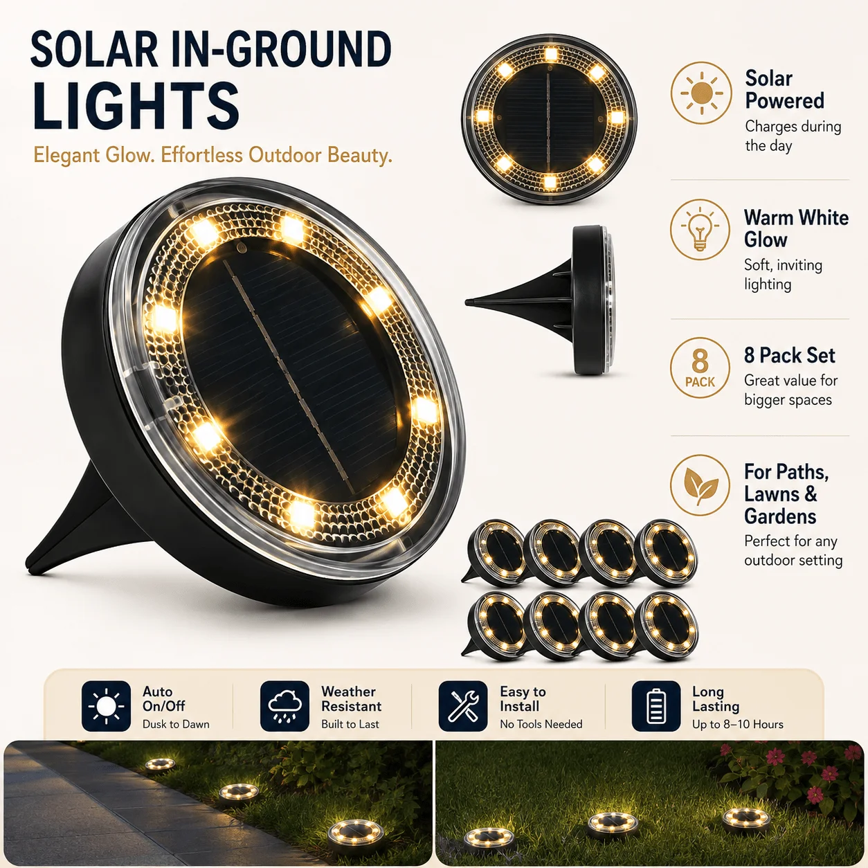 Outdoor Solar Ground Lights 8 Pack, White LED Disk Lights for Garden Path Lawn Yard Patio Driveway, Christmas Gift