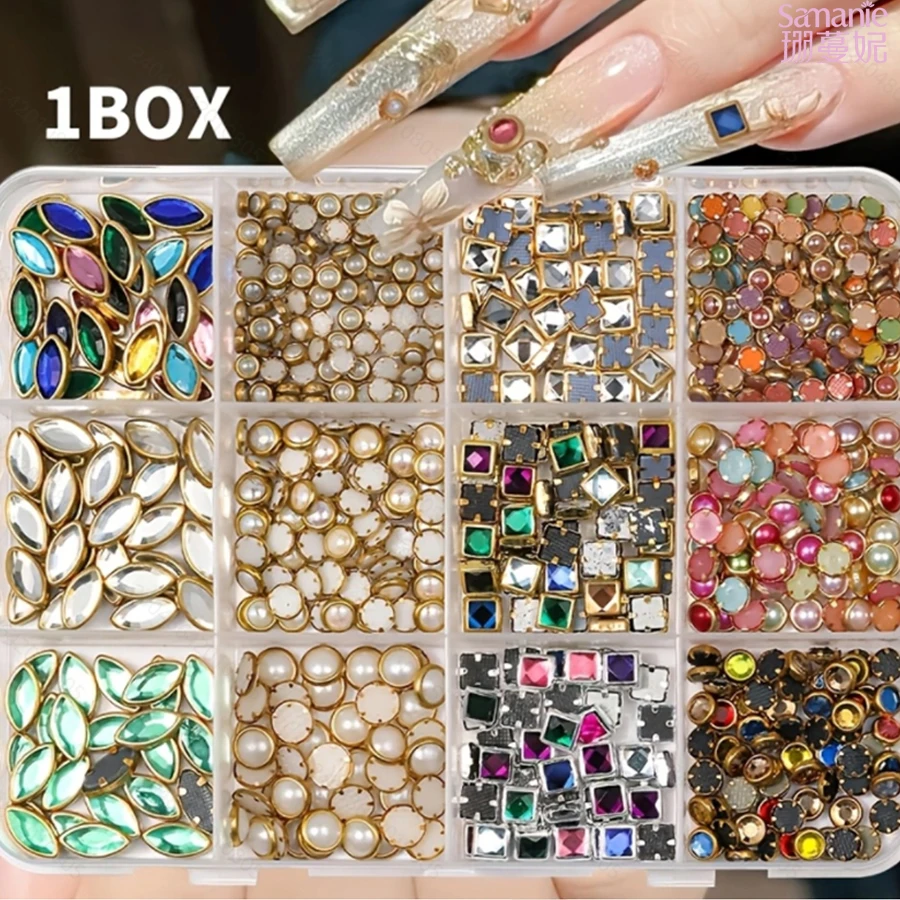 1 Box Multi Shapes Gold Frame Nail Charms Mixed Color Oval Square Teardrop Stone Nail Ornaments Assorted Nail Art Decor for Salon Home DIY Manicure