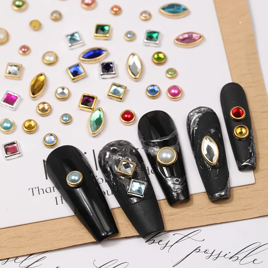 1 Box Multi Shapes Gold Frame Nail Charms Mixed Color Oval Square Teardrop Stone Nail Ornaments Assorted Nail Art Decor for Salon Home DIY Manicure