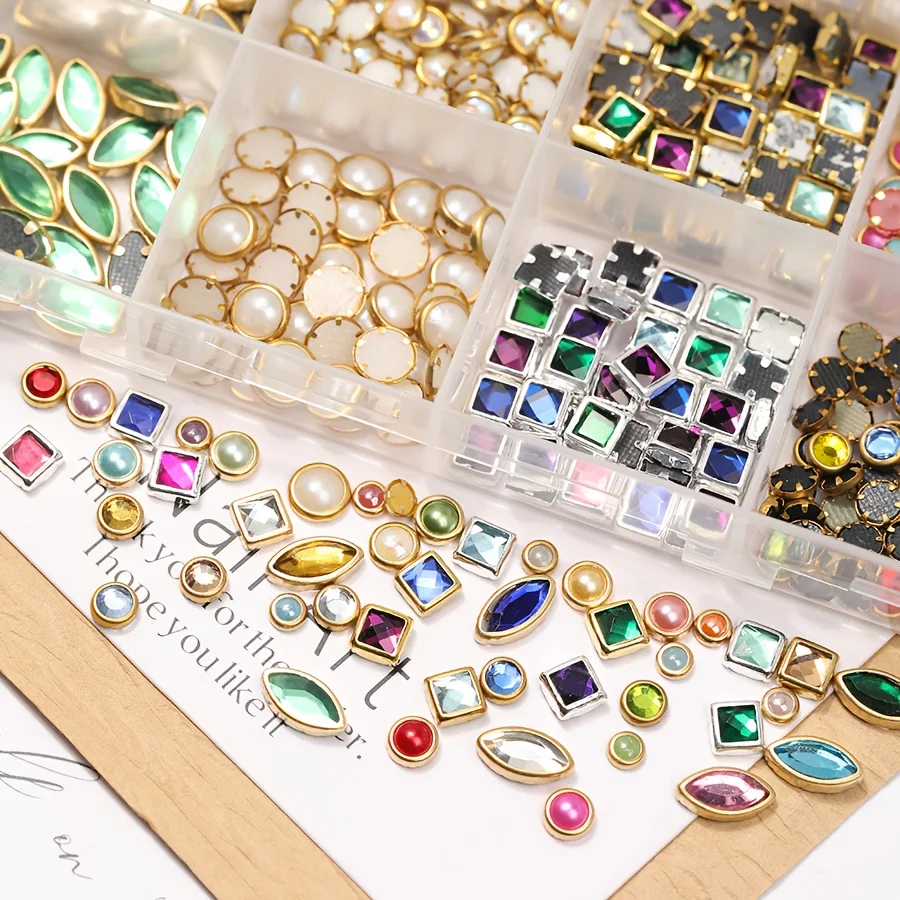 1 Box Multi Shapes Gold Frame Nail Charms Mixed Color Oval Square Teardrop Stone Nail Ornaments Assorted Nail Art Decor for Salon Home DIY Manicure