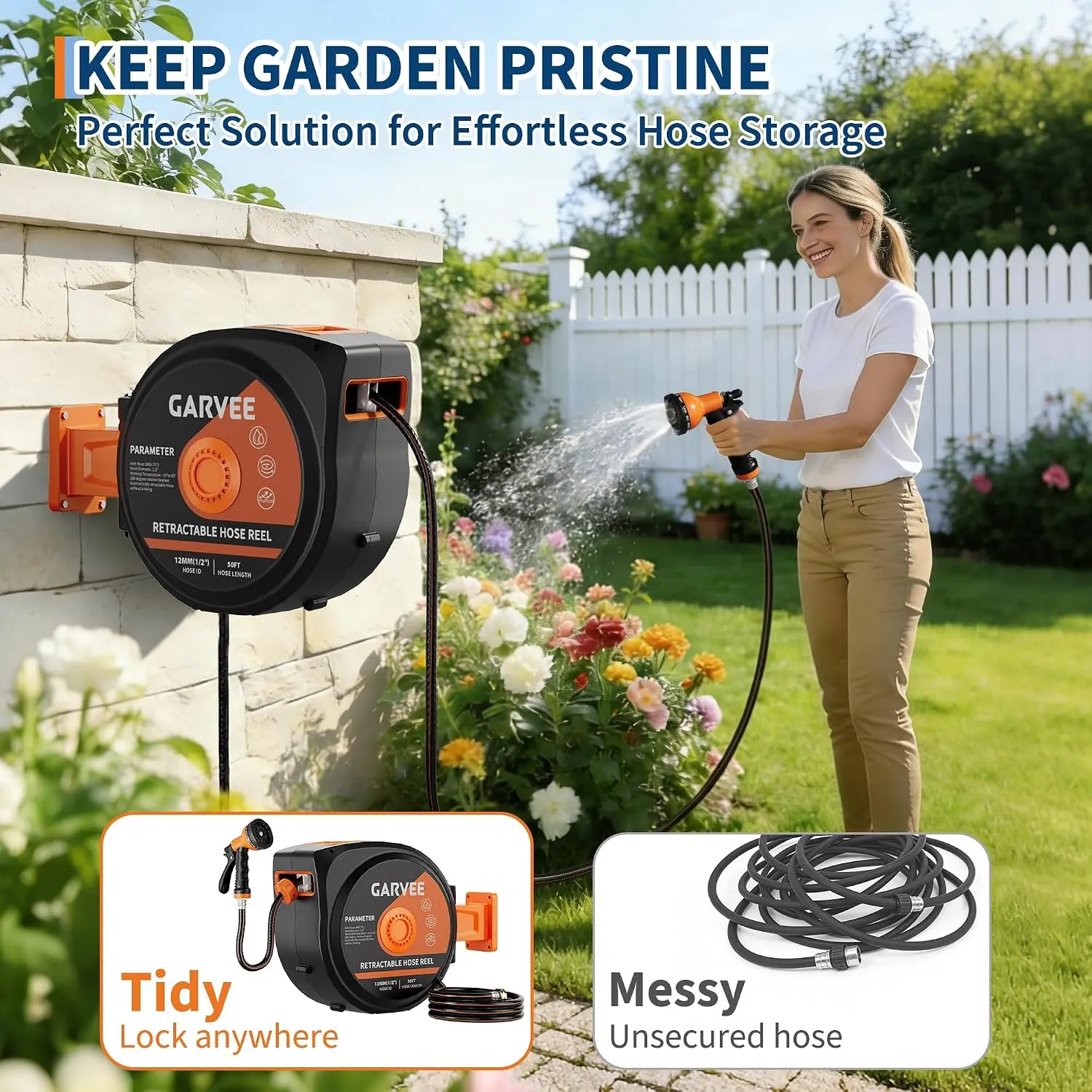 50-130 ft Retractable Garden Hose Reel, Wall Mounted, 9-Function Nozzle, Any Length Lock, 180° Swivel, Auto Slow Rewind for Watering Lawn, Washing Car, Cleaning Patio