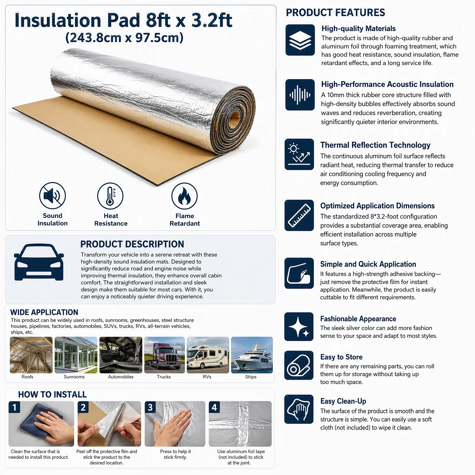 Car Sound Deadening Mat 8x3.2ft Noise Heat Insulation Pad, 10mm Thick Soundproofing Material with Self-Adhesive Backing for Car Roof Floor Door, Silver