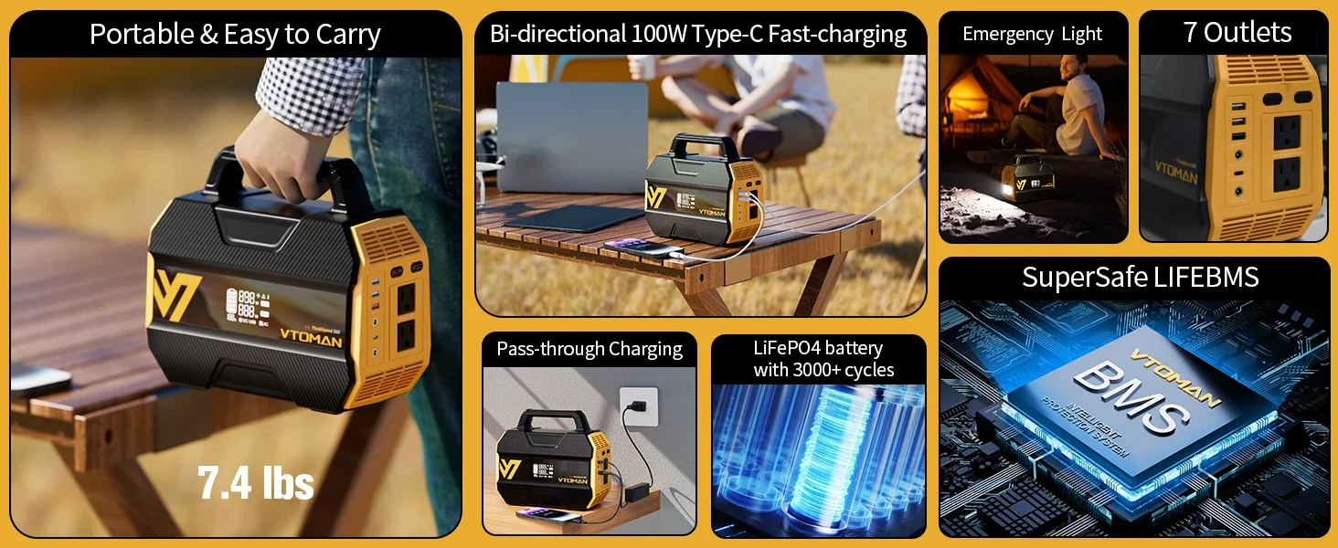 VTOMAN FlashSpeed 300 Portable Power Station 230Wh 70000mAh LiFePO4 Pure Sine Wave Solar Generator for Outdoor Camping Travel Camper Van Life Home Power Outage