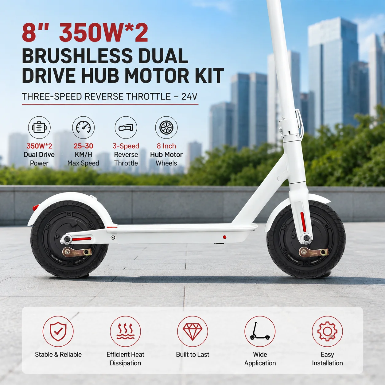 24V 8 Inch 350Wx2 Brushless Dual Drive Electric Scooter Hub Motor Kit Electric Conversion Motor Kit Motor Conversion Kit with Reverse Throttle 3-Speed Handlebar Controller for DIY Scooter Go Kart Wheelchair E-Bike Upgrade Parts
