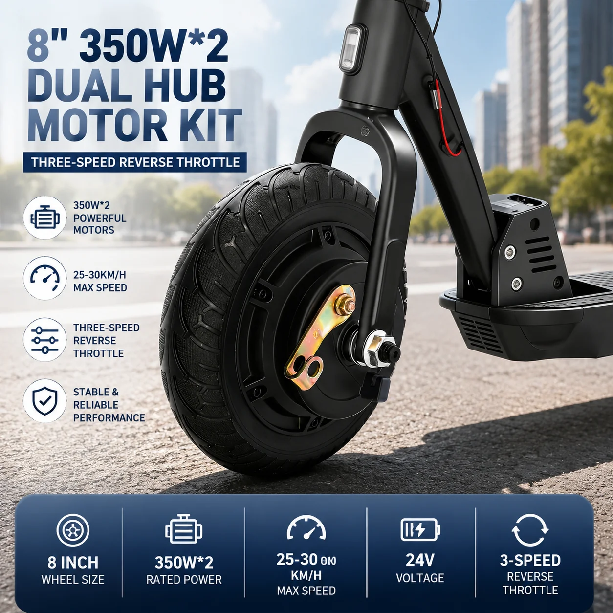 24V 8 Inch 350Wx2 Brushless Dual Drive Electric Scooter Hub Motor Kit Electric Conversion Motor Kit Motor Conversion Kit with Reverse Throttle 3-Speed Handlebar Controller for DIY Scooter Go Kart Wheelchair E-Bike Upgrade Parts