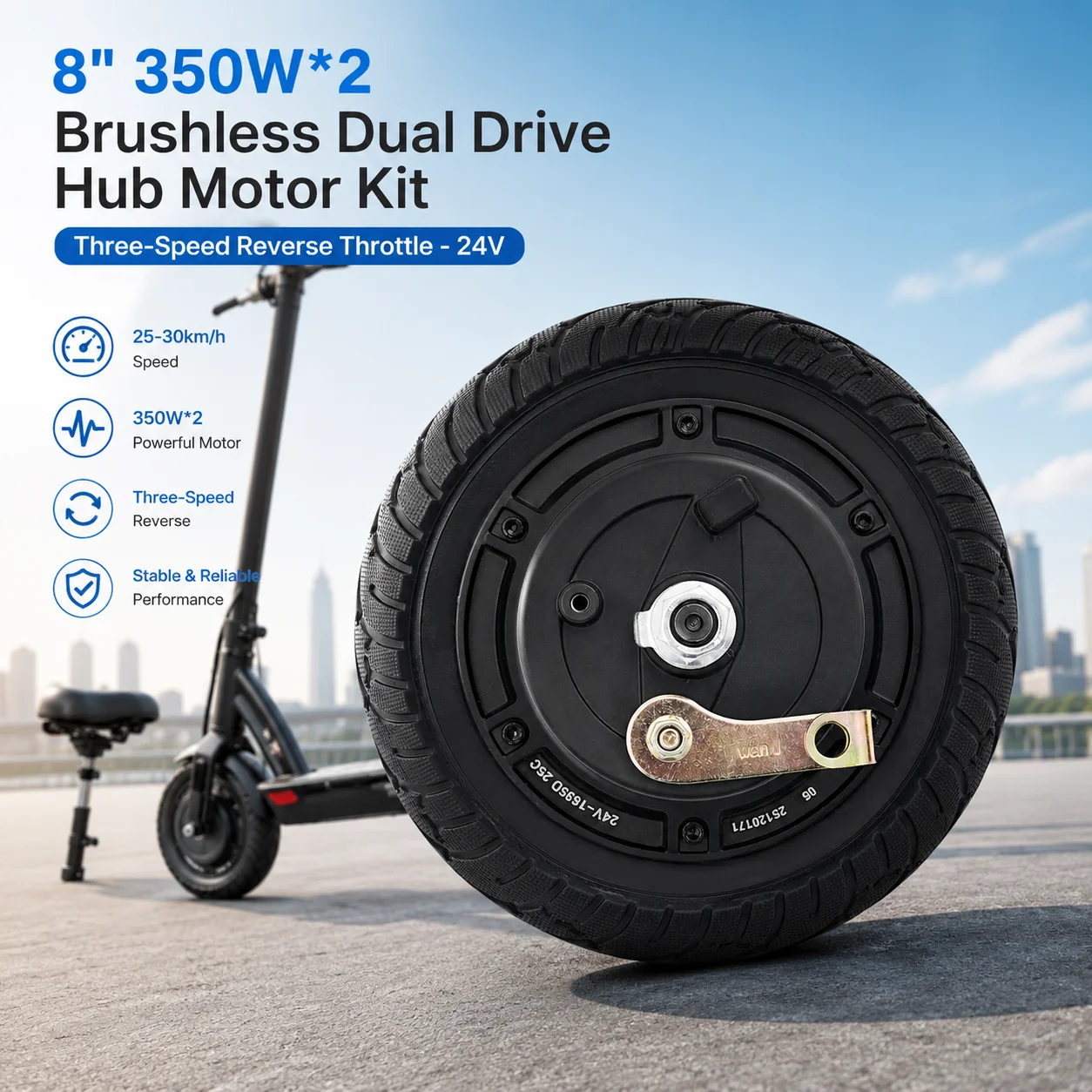 24V 8 Inch 350Wx2 Brushless Dual Drive Electric Scooter Hub Motor Kit Electric Conversion Motor Kit Motor Conversion Kit with Reverse Throttle 3-Speed Handlebar Controller for DIY Scooter Go Kart Wheelchair E-Bike Upgrade Parts