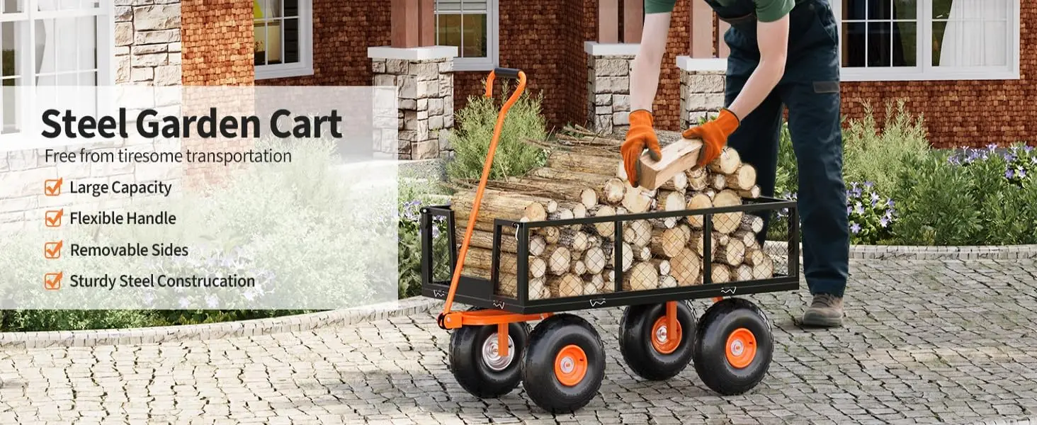 Tacleekii 500 Lbs Capacity Steel Garden Cart 3-in-1 Utility Metal Wagon with Removable Mesh Sides to Convert Into Flatbed 180° Rotating Handle and 10" Tires for Garden, Yard