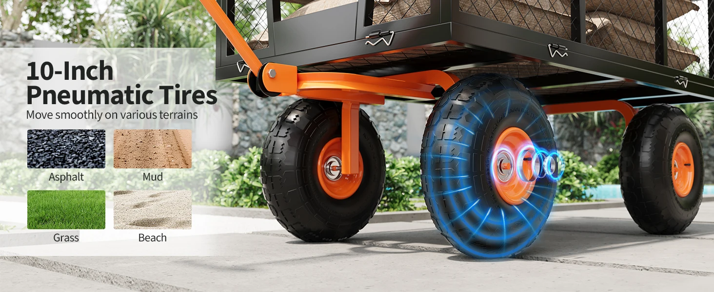 Tacleekii 500 Lbs Capacity Steel Garden Cart 3-in-1 Utility Metal Wagon with Removable Mesh Sides to Convert Into Flatbed 180° Rotating Handle and 10" Tires for Garden, Yard