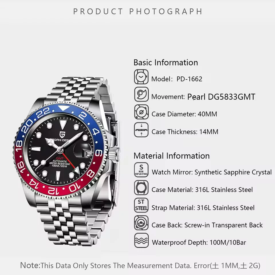 PAGANI DESIGN New Batman 40MM GMT Men Watch Mechanical Watch Luxury Automatic Watch Men Jubilee Watch Strap Sapphire Waterproof Wrist Watches for Men Gift