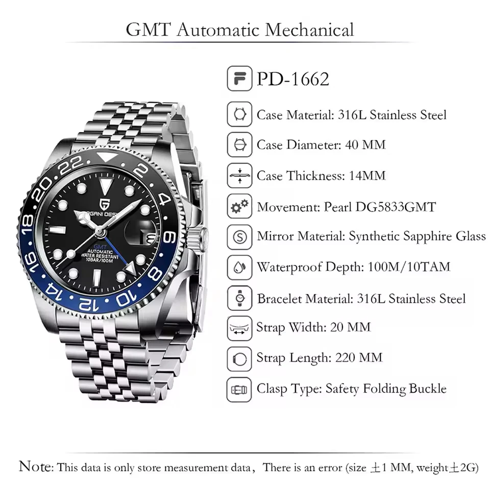 PAGANI DESIGN New Batman 40MM GMT Men Watch Mechanical Watch Luxury Automatic Watch Men Jubilee Watch Strap Sapphire Waterproof Wrist Watches for Men Gift