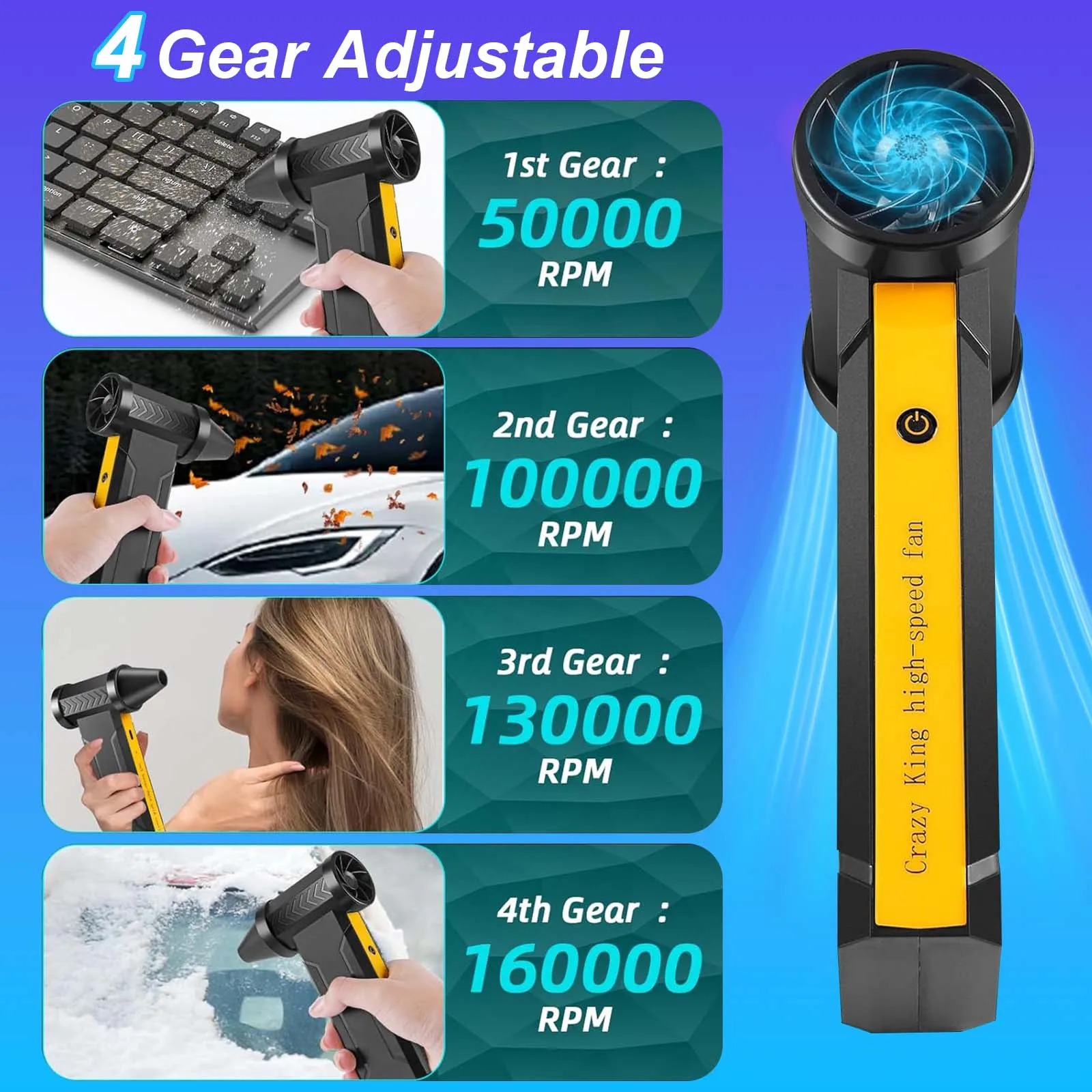 Compressed Air Dust Collector. High-power Violent Fan, Wireless Rechargeable Air Blower With 130, 000 Rpm, High-speed Turbine Fan, 3 Speed Settings - 100, 000/110, 000/130, 000 Rpm. Handheld Hair Dryer, Suitable For Computer Keyboards, Cars, Homes.