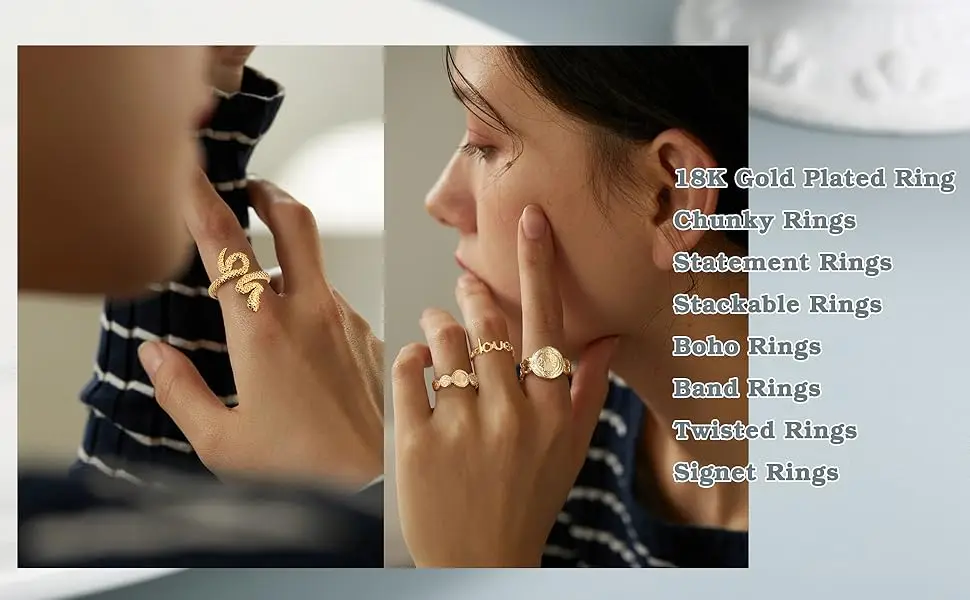 12Pcs Gold-plated Rings Set for Women Stainless Steel Stackable Rings Boho Signet Snake Adjustable Knuckle Rings Jewel