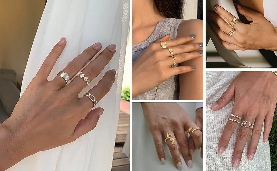 12Pcs Gold-plated Rings Set for Women Stainless Steel Stackable Rings Boho Signet Snake Adjustable Knuckle Rings Jewel