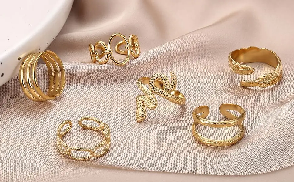 12Pcs Gold-plated Rings Set for Women Stainless Steel Stackable Rings Boho Signet Snake Adjustable Knuckle Rings Jewel