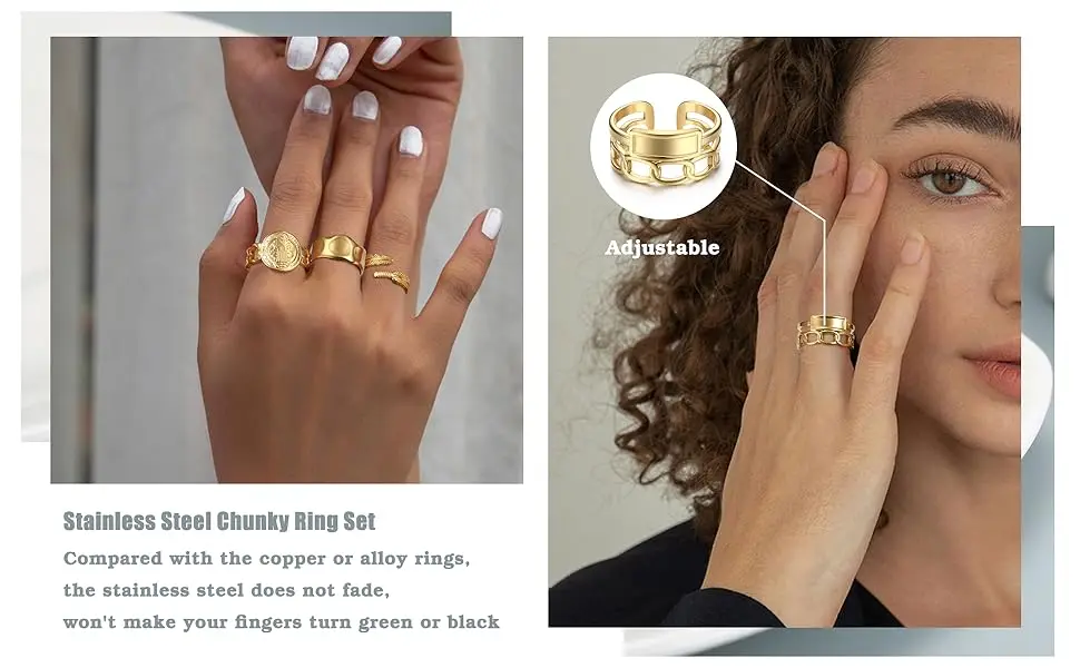 12Pcs Gold-plated Rings Set for Women Stainless Steel Stackable Rings Boho Signet Snake Adjustable Knuckle Rings Jewel