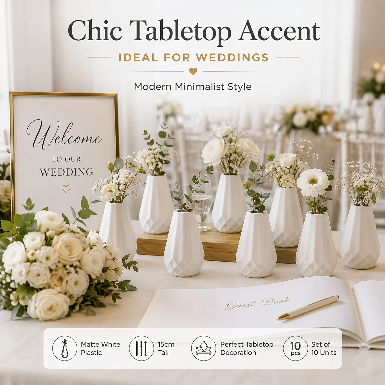 10pcs Pack 10pcs White Mini Plastic Vases Suitable for Fresh/Dried/Artificial Flowers, Farmhouse Style Asymmetric Cylindrical Vases with Geometric Base, Modern Table Centerpieces for Wedding,, Office Decor - Bottles