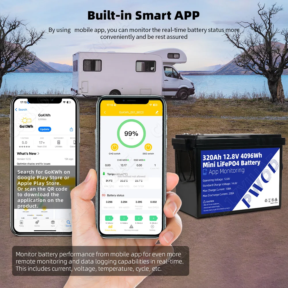 1PCS 12V 300AH 320Ah APP control Lifepo4 battery Pack Grade A 12.8V Rechargeable Battery DIY 24V 48V For Camping Solar Golf Cart US Stock