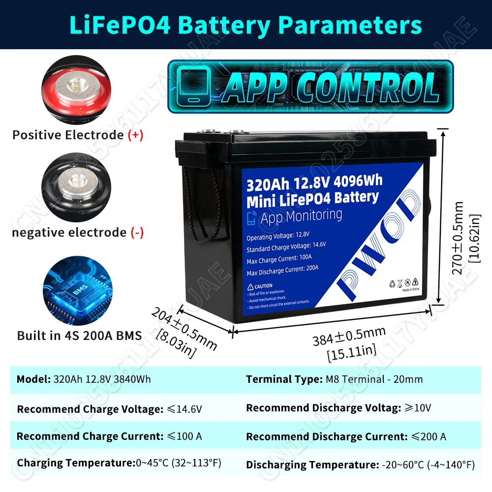 1PCS 12V 300AH 320Ah APP control Lifepo4 battery Pack Grade A 12.8V Rechargeable Battery DIY 24V 48V For Camping Solar Golf Cart US Stock