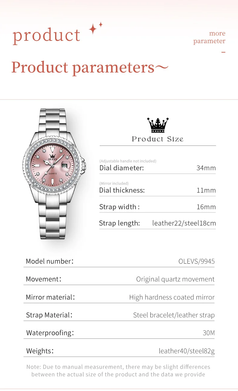 OLEVS 9945 Luxury Women Original Quartz Movement Watch Diamond Scale Stainless Steel Bracelet Luminous Function 30M Waterproof Watch