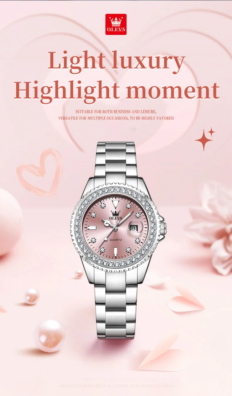 OLEVS 9945 Luxury Women Original Quartz Movement Watch Diamond Scale Stainless Steel Bracelet Luminous Function 30M Waterproof Watch