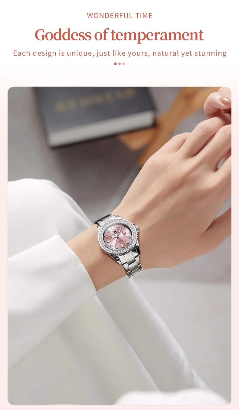 OLEVS 9945 Luxury Women Original Quartz Movement Watch Diamond Scale Stainless Steel Bracelet Luminous Function 30M Waterproof Watch
