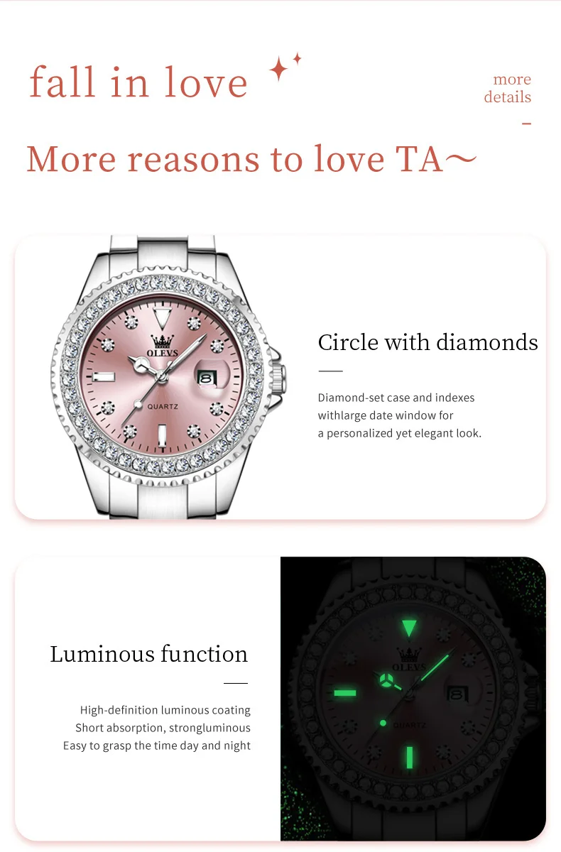 OLEVS 9945 Luxury Women Original Quartz Movement Watch Diamond Scale Stainless Steel Bracelet Luminous Function 30M Waterproof Watch