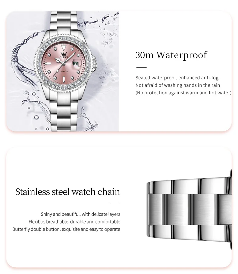 OLEVS 9945 Luxury Women Original Quartz Movement Watch Diamond Scale Stainless Steel Bracelet Luminous Function 30M Waterproof Watch